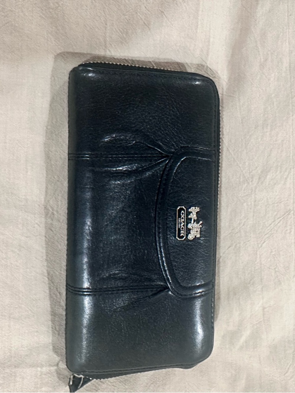 Coach Black Leather Zip-Around Phone Wallet with Silver Logo